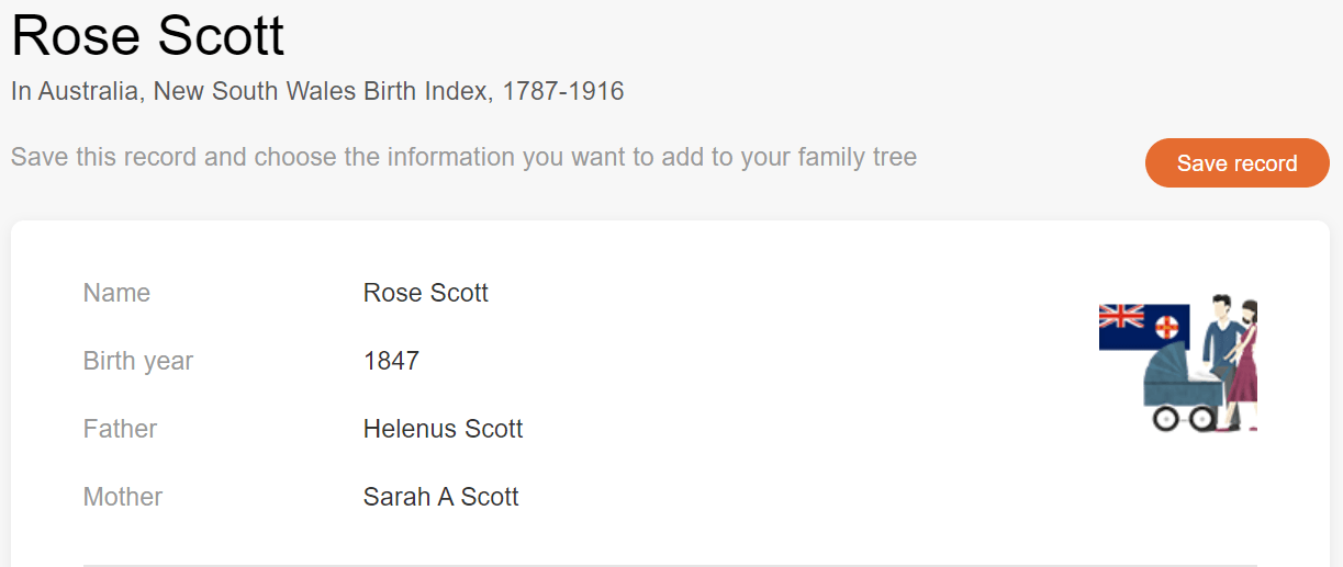 Birth record of Rose Scott [MyHeritage Australia, New South Wales Birth Index, 1787–1916]