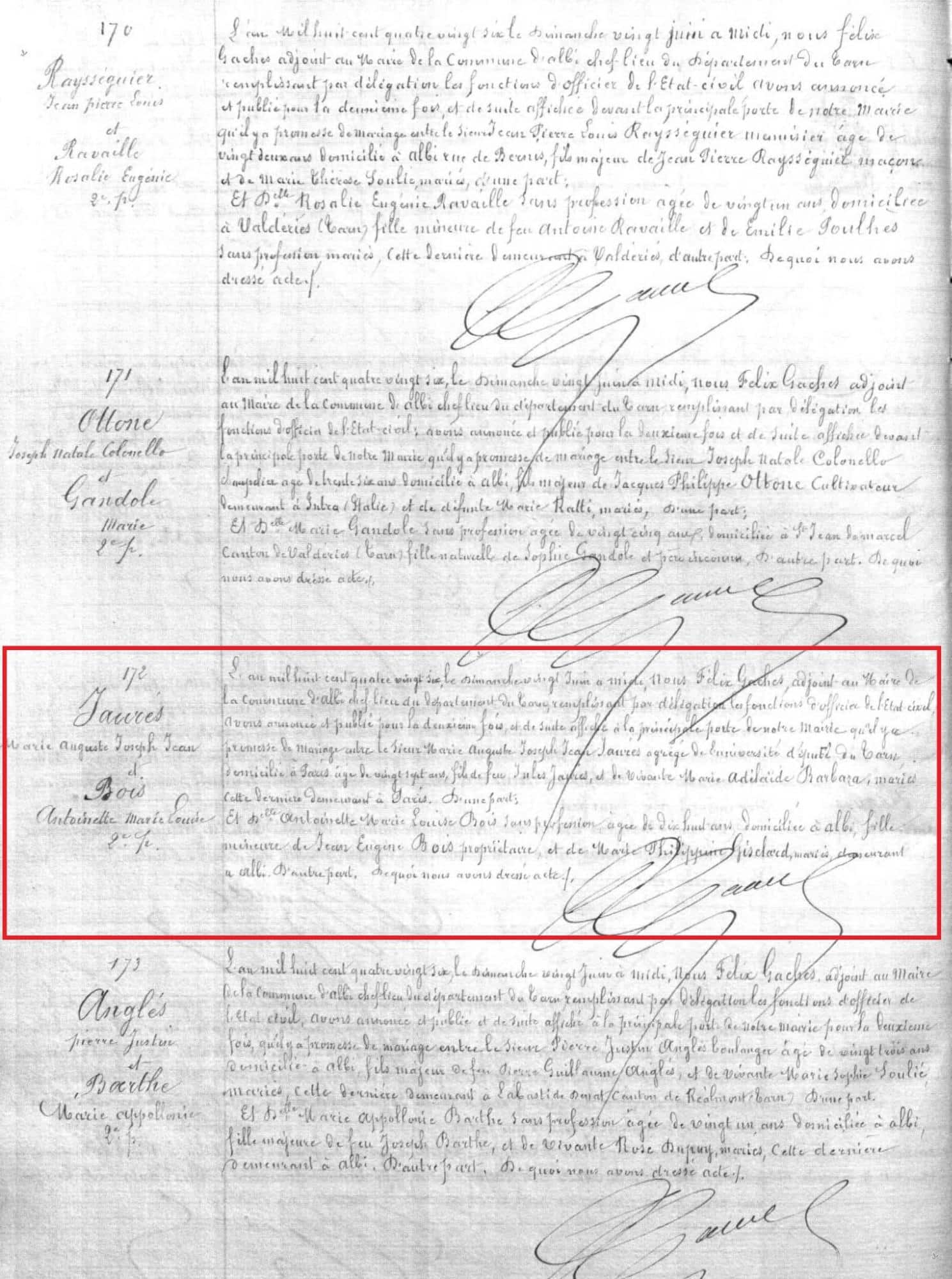 Marriage record of Jean Jaurès and Antoinette Marie Louise Bois [Credit: MyHeritage France, Church Marriages and Civil Marriages]