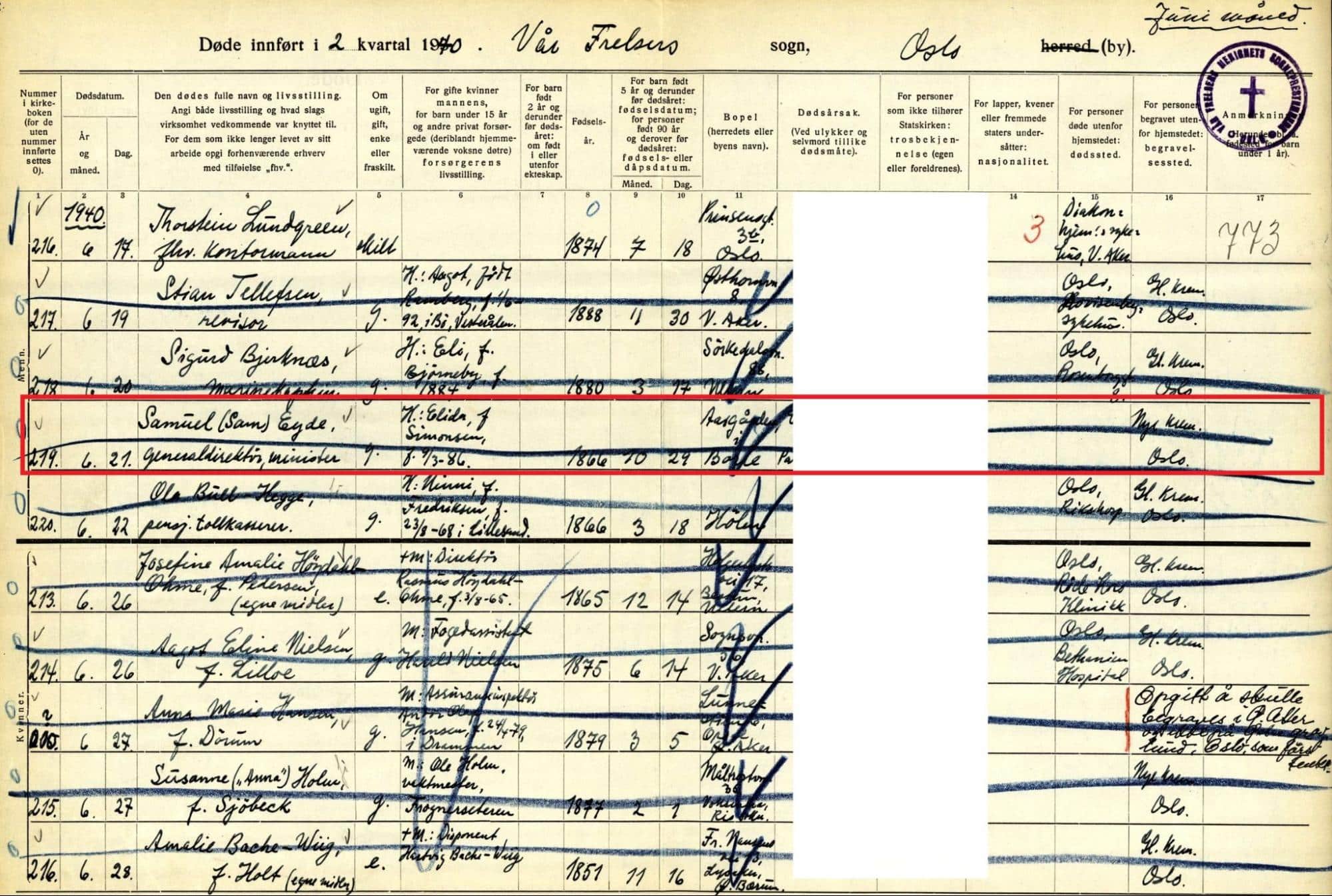 Death record of Samuel Eyde [Credit: MyHeritage Norway Death Registrations]