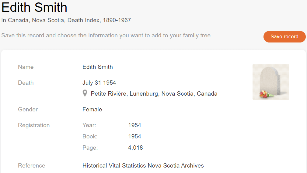 Death record of Edith Smith [Credit: MyHeritage Canada, Nova Scotia, Death Index, 1890–1967]
