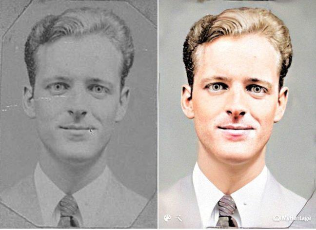 Passport photo on Richard Fisk's immigration card, 1950. Repaired, enhanced, and colorized on MyHeritage [Credit: MyHeritage Brazil, São Paulo Immigration Cards]