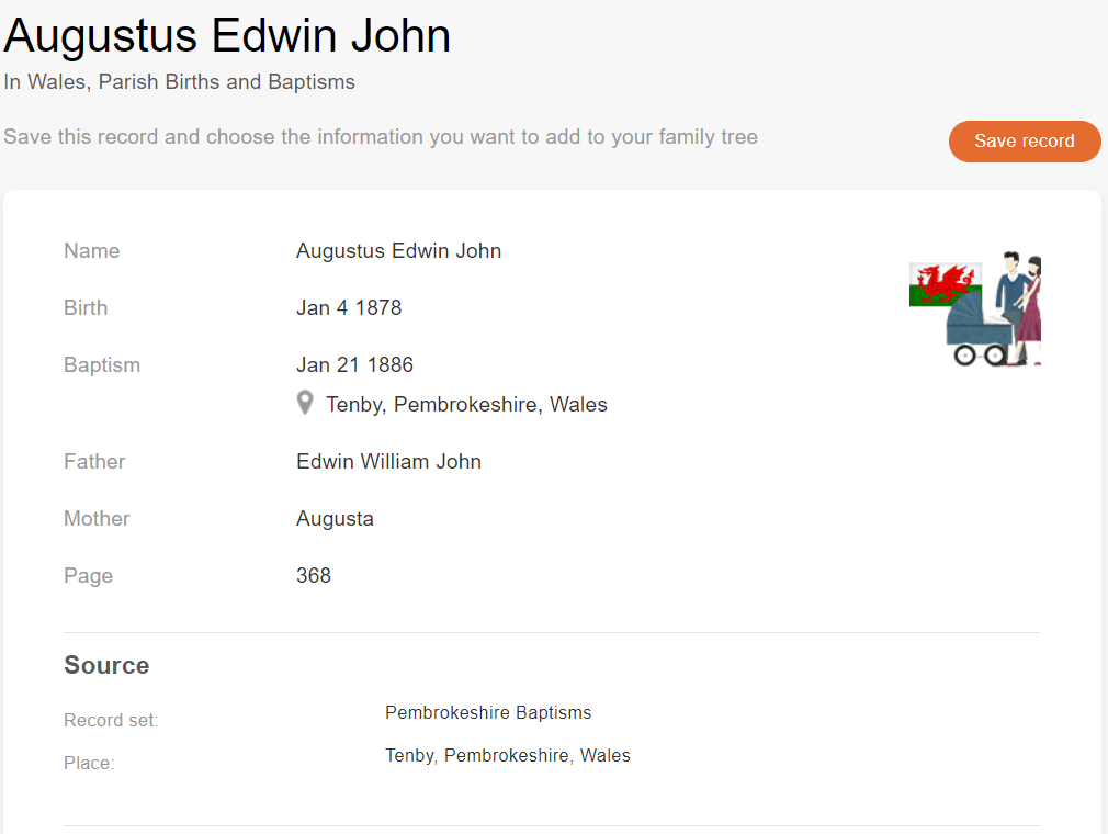 Baptism record of Augustus Edwin John, 1886. [Credit: MyHeritage Wales, Parish Births and Baptisms]