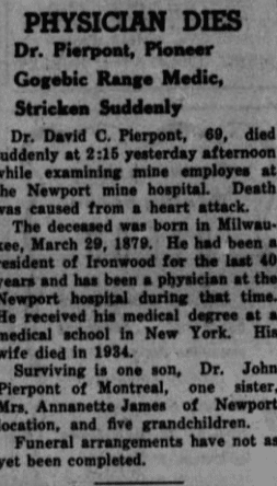 Nekrologen nevner en sønn: Dr. John Pierpont fra Montreal. Research teamet fant ham i U.S. Yearbooks Name Index Fra Ironwood, Gogebic County, Michigan i 1930: