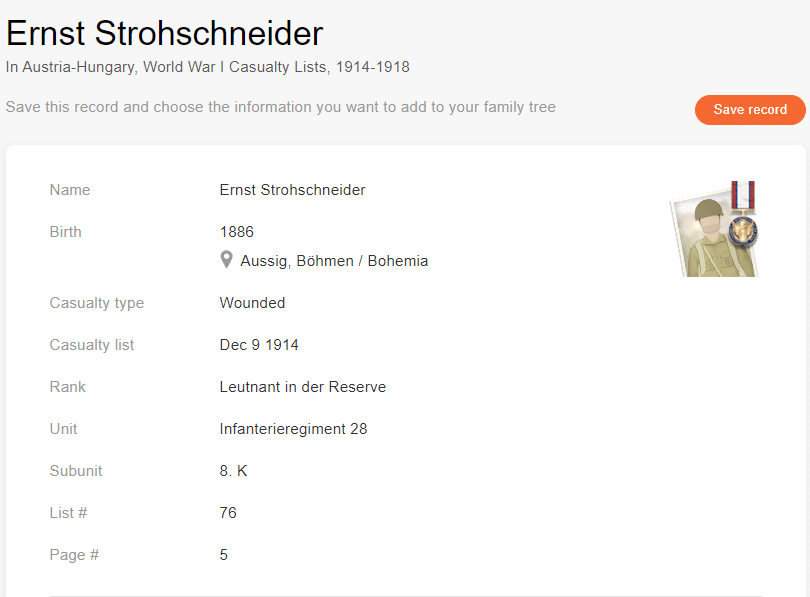 Casualty record of Ernst Strohschneider [Credit: MyHeritage Austria-Hungary, World War I Casualty Lists, 1914-1918]