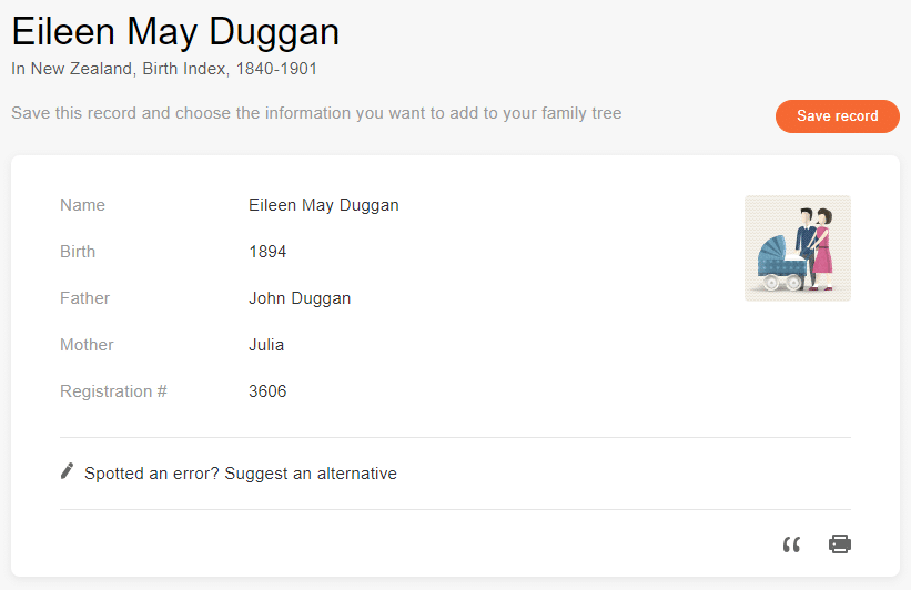Birth record of Eileen Duggan [Credit: MyHeritage New Zealand, Birth Index, 1840-1901]