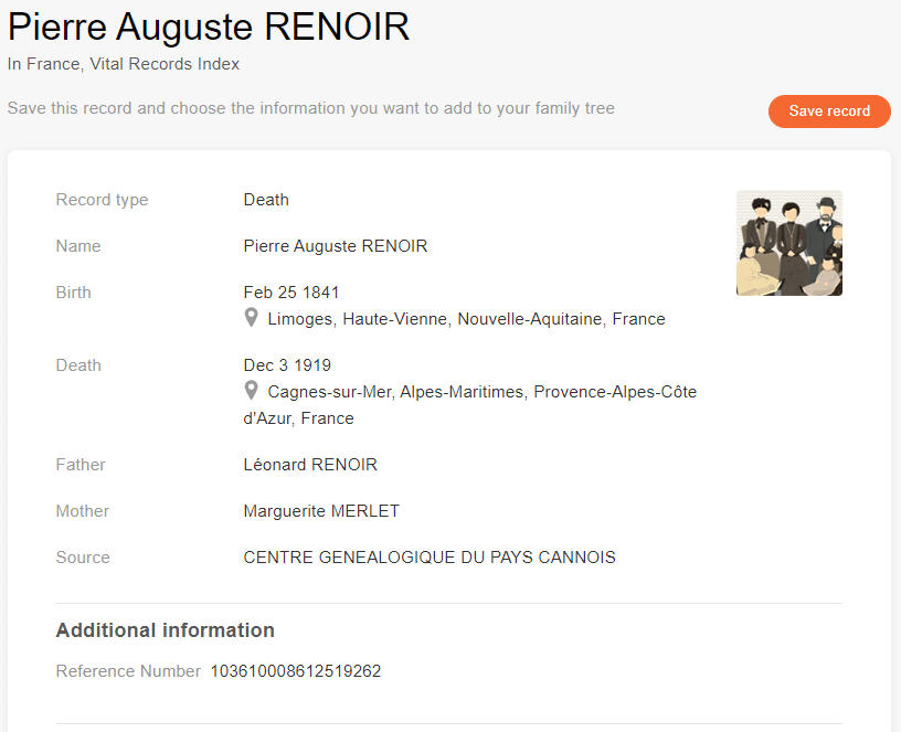 Death record of Pierre Auguste Renoir [Credit: MyHeritage France, Vital Records Index]