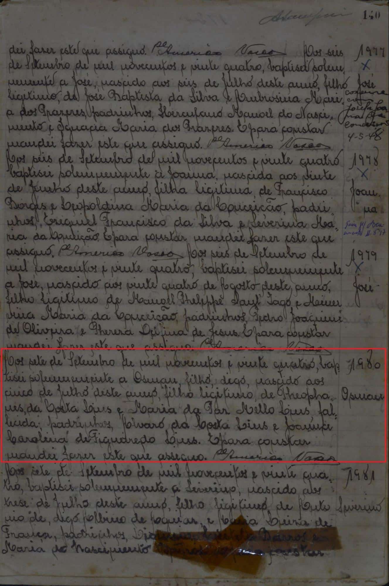 Birth record of Osman Lins da Costa [Credit: MyHeritage Pernambuco Births and Baptisms, 1800–1920]