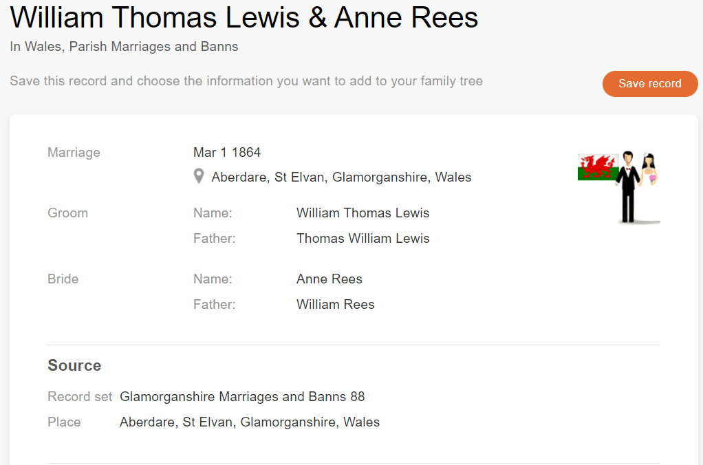 Marriage record of Anne Rees and William Thomas Lewis, 1864. [Credit: MyHeritage Wales, Parish Marriages and Banns]