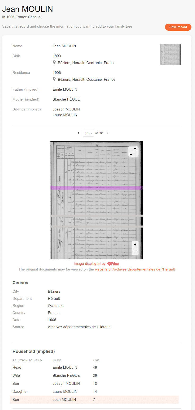  folketellingsposten til Jean Moulin (Kredit: MyHeritage 1906 France Census)