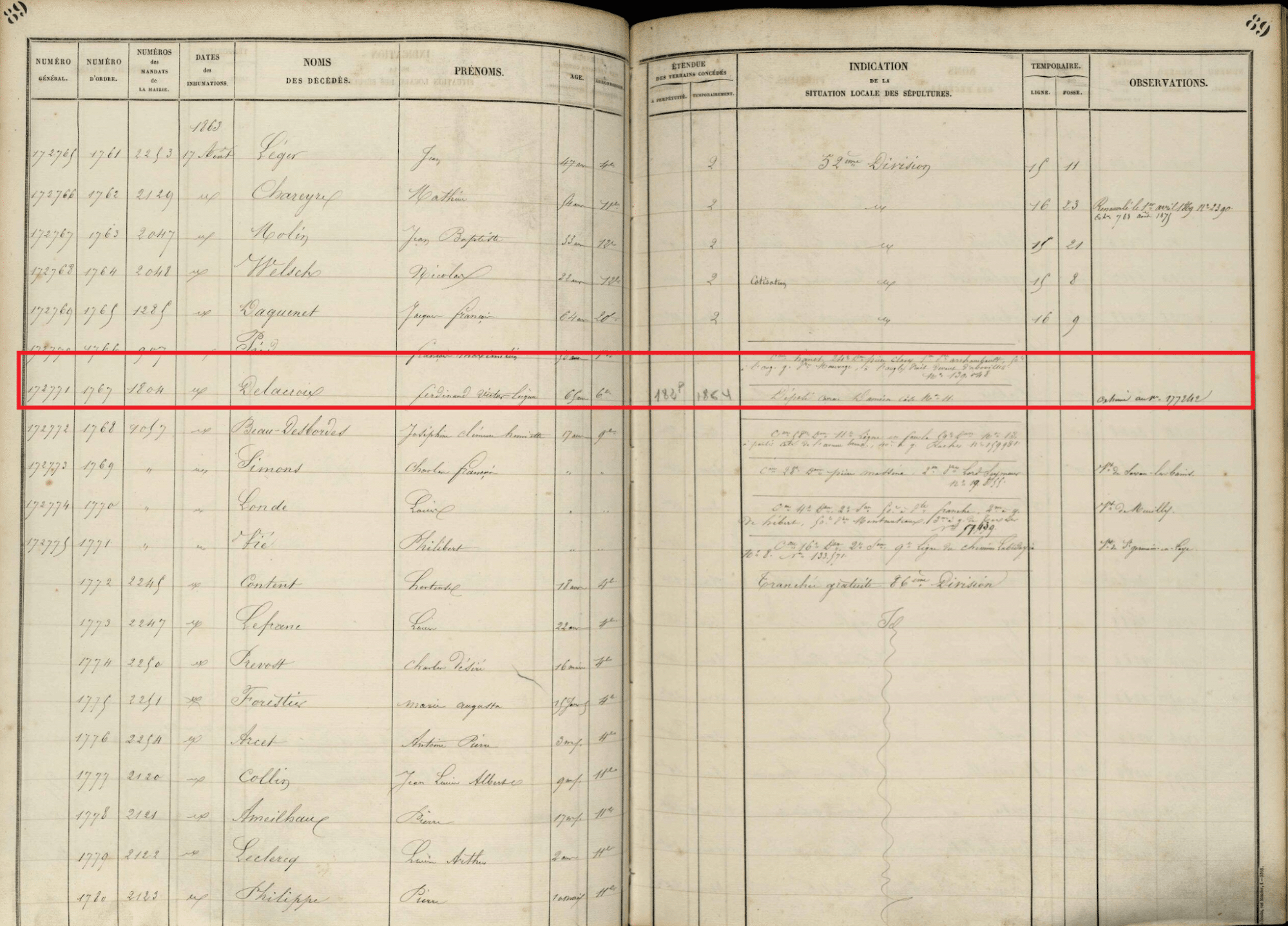 Burial record of Eugène Delacroix [Credit: MyHeritage Daily Burial Registers of Parisian Cemeteries. The original documents may be viewed on the website of Registres journaliers d'inhumation des cimetières parisiens]