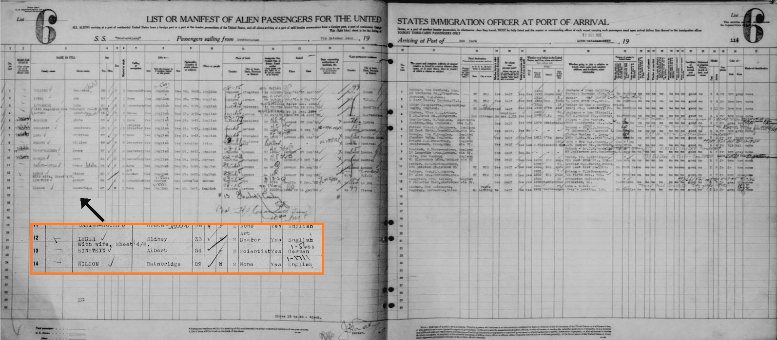 Record of Albert Einstein’s arrival in the U.S., from the Ellis Island and Other New York Passenger Lists collection on MyHeritage