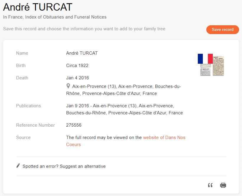 Death notice record of André Turcat [Credit: MyHeritage France, Index of Obituaries and Funeral Notices]