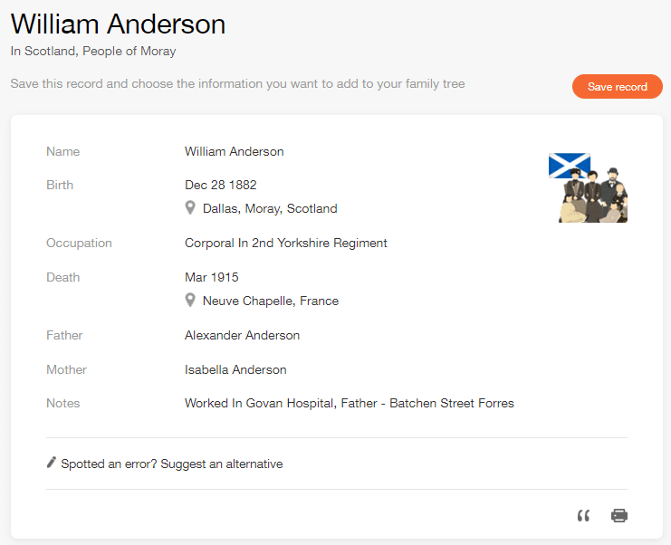 Record of William Anderson [Credit: MyHeritage Scotland, People of Moray]