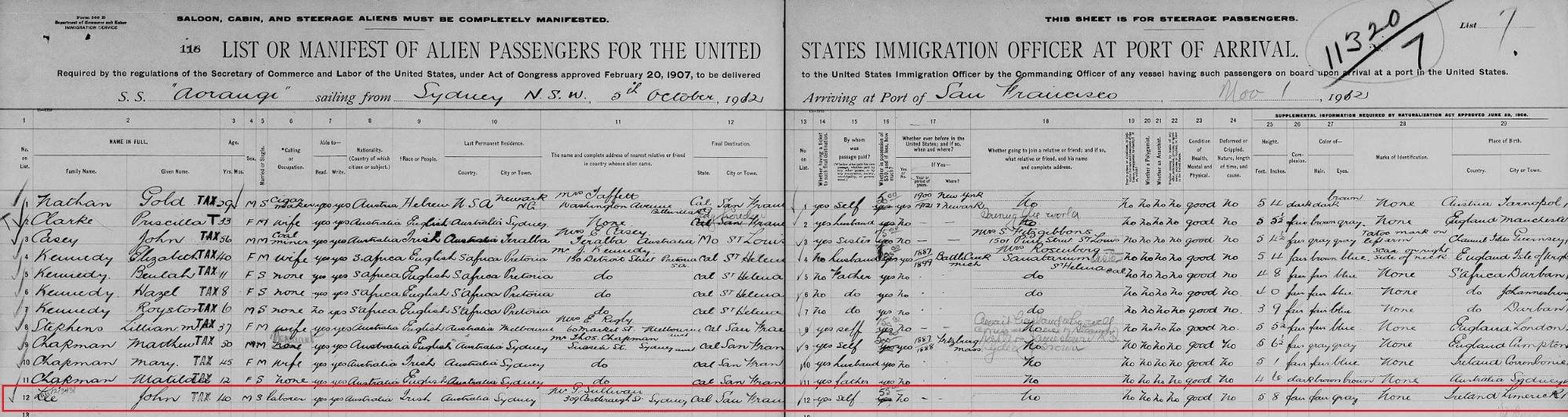Passenger List record of John Lee, 1912 [Credit: MyHeritage California Passenger Lists, 1893–1957]