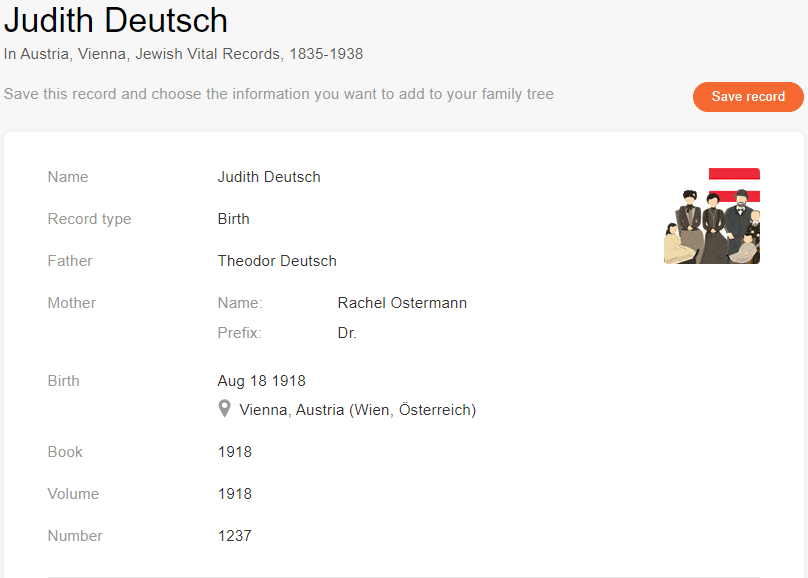 Birth record of Judith Deutsch [Credit: MyHeritage Austria, Vienna, Jewish Vital Records, 1835-1938]