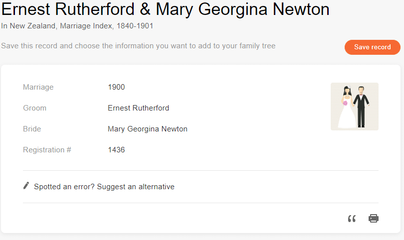 Ekteskaps oppføring til Ernest Rutherford og Mary Georgina Newton (Kilde: MyHeritage New Zealand, Marriage Index, 1840–1901]