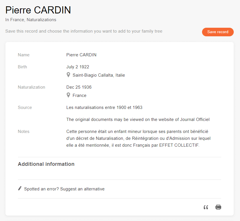 Naturalization record of Pierre Cardin [MyHeritage France, Naturalizations, 1900–1963]