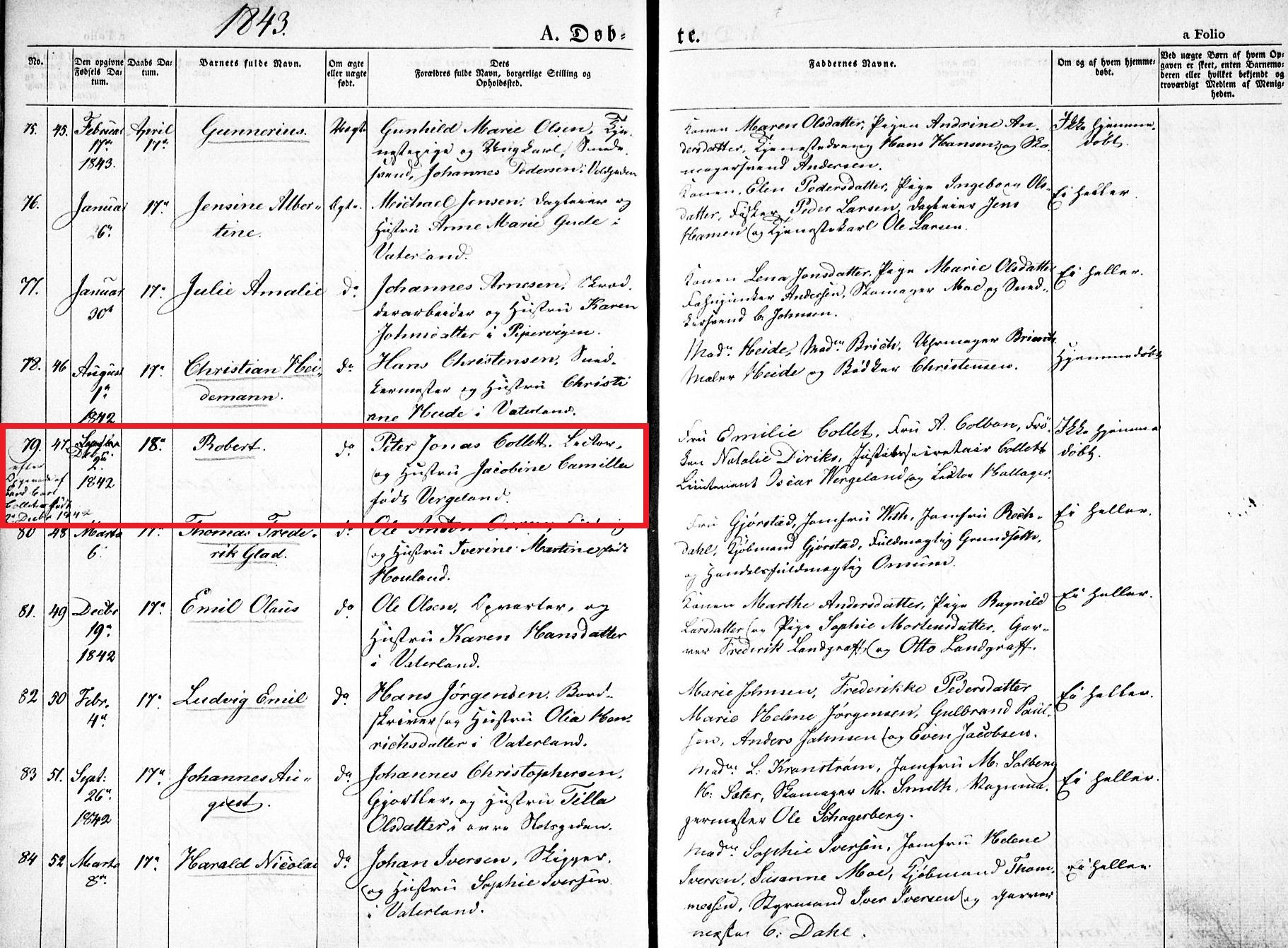 Baptism record of Robert Collett, 1843 [Credit: MyHeritage Norway Church Records, 1815-1938]