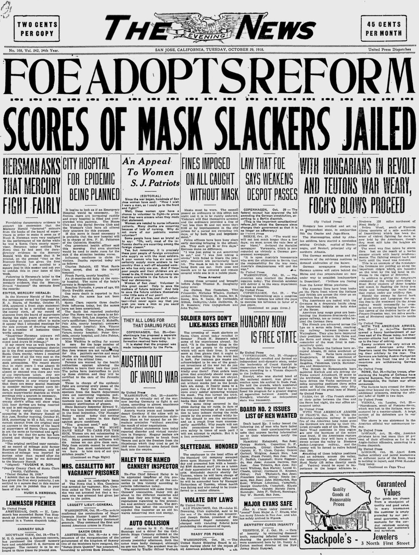 The Evening News, San Jose, October 29, 1918 in California Newspapers, 1847–2009