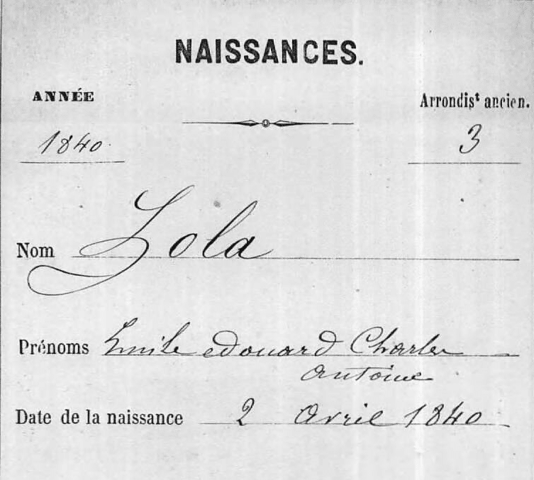 Registro de nascimento de Émile Zola [Crédito: MyHeritage França, Batismos e Nascimentos Civis]
