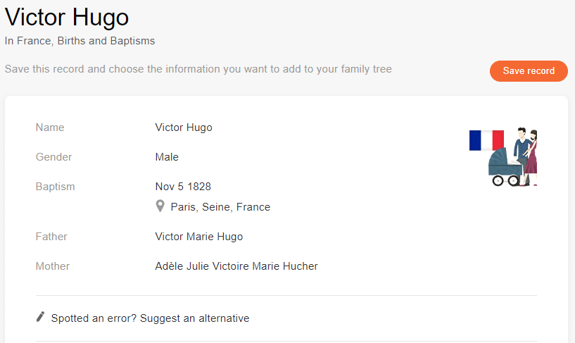Fødselsoppføringen til Victor Hugo (Kilde: MyHeritage France, Births and Baptisms)