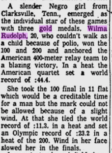 Article about Wilma’s Olympic achievements in the Free Lance-star, September 9, 1960, from MyHeritage’s Virginia Newspapers collection
