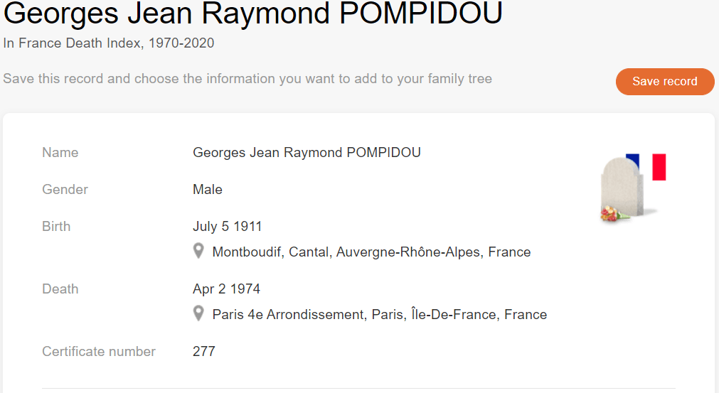 רשומת הפטירה של ג'ורג' ז'אן ריימונד פומפידו [MyHeritage France Death Index, 1970–2020]