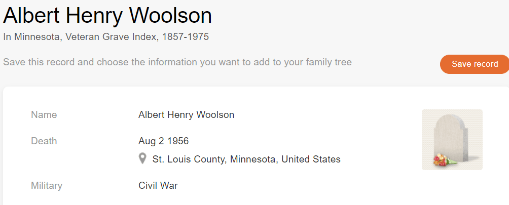 Historical Records:Grave record of veteran Albert Henry Woolson [Credit: MyHeritage Minnesota, Veteran Grave Index, 1857–1975]