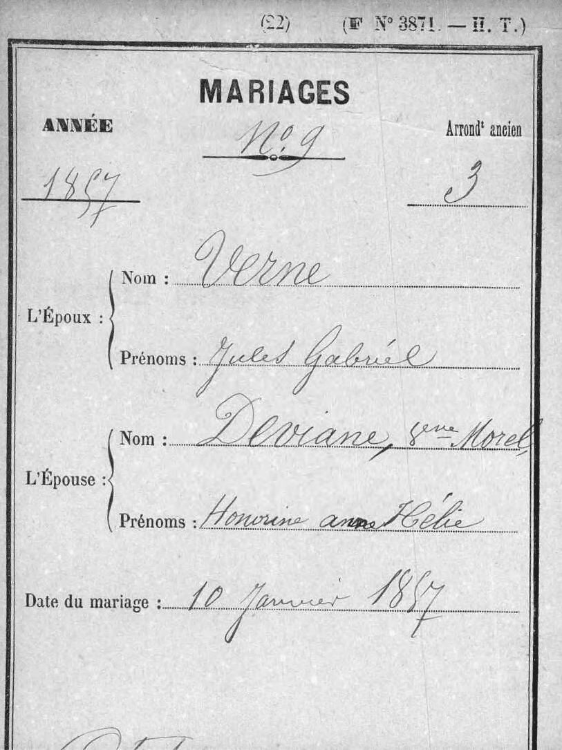 Registro de casamento de Júlio Verne e Honorine Morel [Crédito: MyHeritage França, Casamentos religiosos e Casamentos civis]
