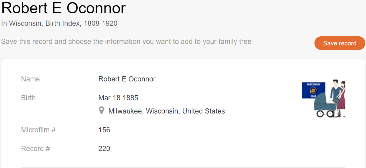 רישום הלידה של השחקן רוברט אמט אוקונור [MyHeritage Wisconsin, Birth Index, 1808–1920]