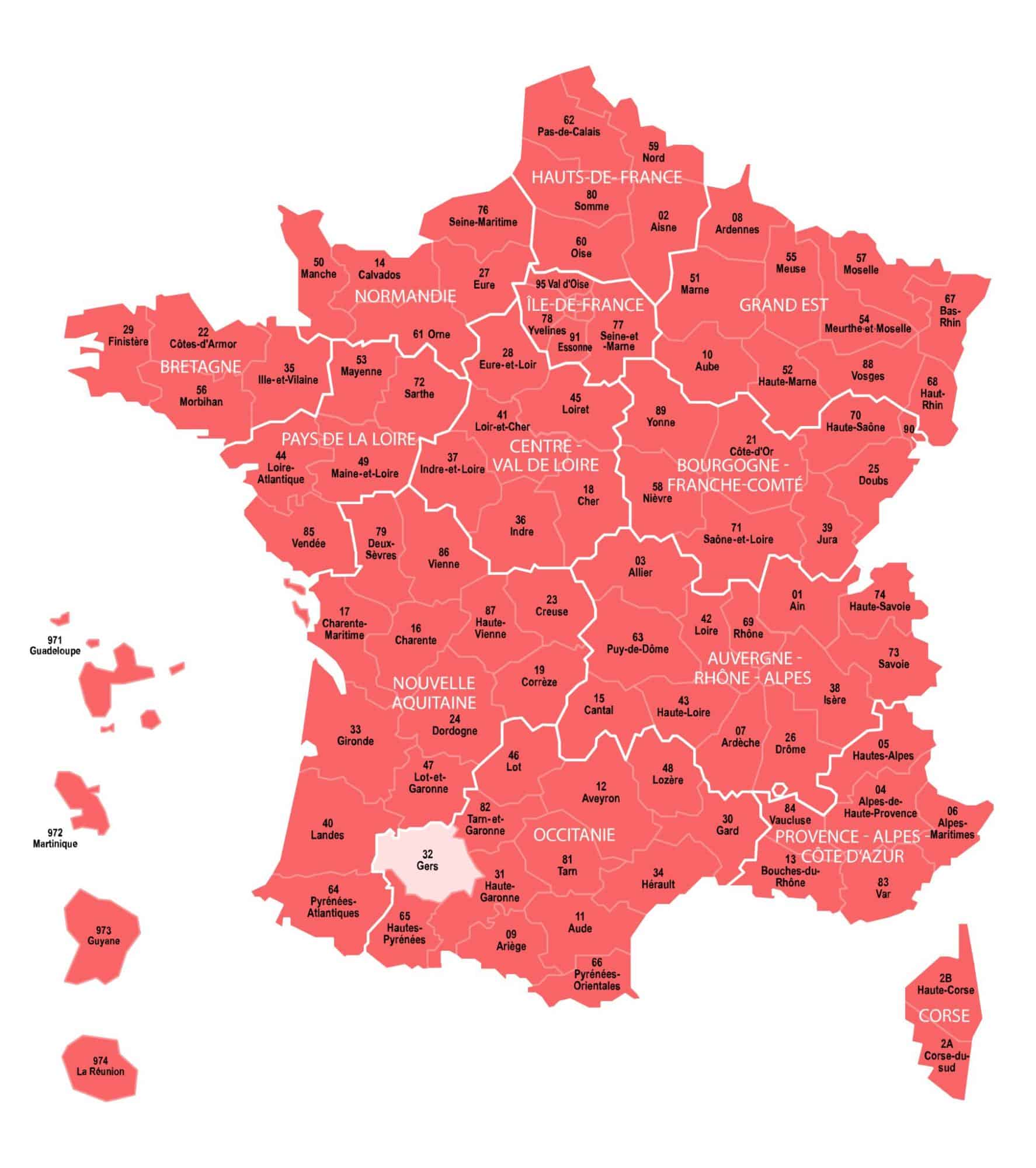Działy w kolorze ciemnoróżowym pokazują zasięg geograficzny cywilnych aktów urodzenia, małżeństw i zgonu w zbiorach francuskich MyHeritage.