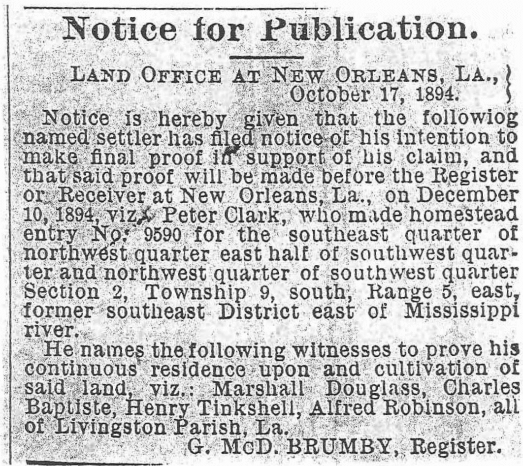 Article listing Peter Clark’s homestead application and names of witnesses [Credit: The Southland Newspaper, October 17, 1894.]