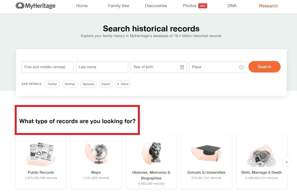 Accessing category pages for historical records in the main search page (click to zoom)