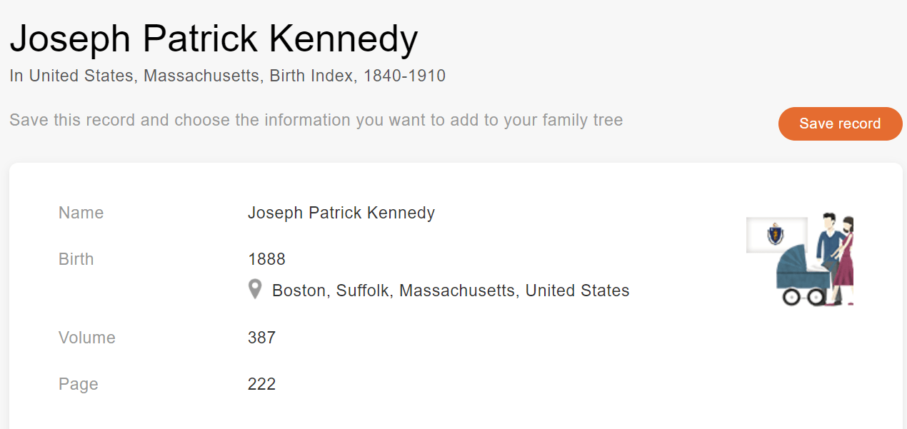 Birth record of Joseph Patrick Kennedy [Credit: MyHeritage United States, Massachusetts, Birth Index, 1840–1910]