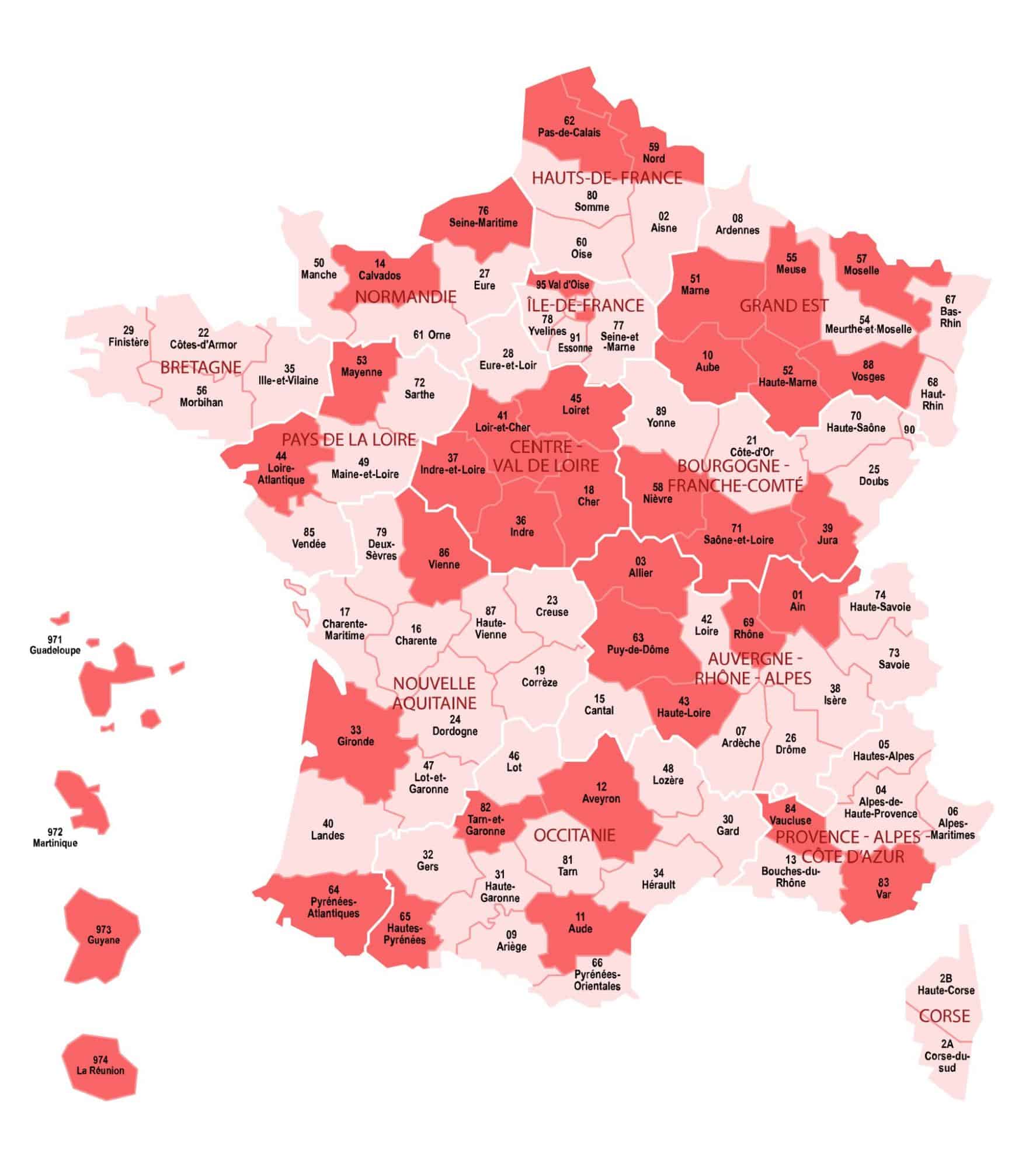 Działy w kolorze ciemnoróżowym pokazują zasięg geograficzny parafialnych rekordów chrztu, małżeństwa i śmierci w zbiorach francuskich MyHeritage.