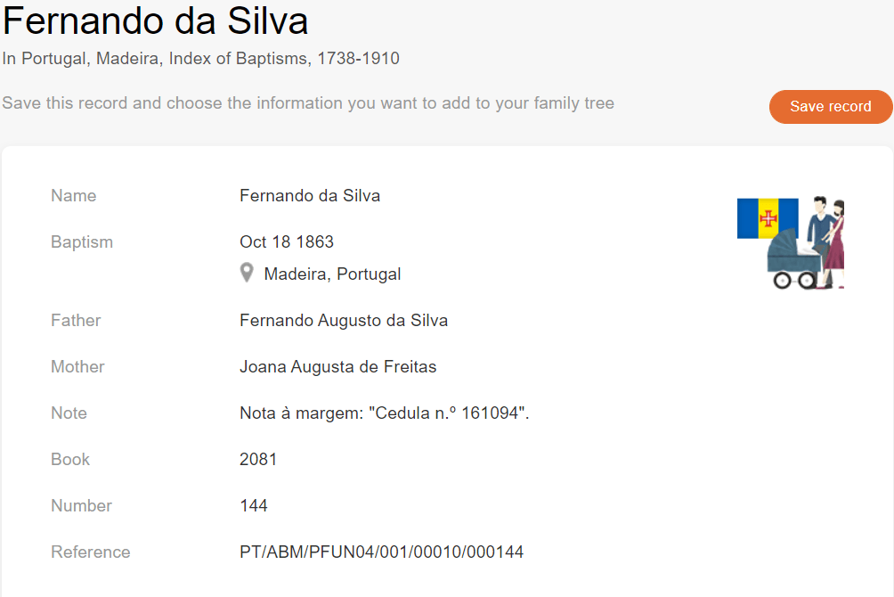 Baptism record of Fernando da Silva [MyHeritage: Portugal, Madeira, Index of Baptisms, 1738–1910]