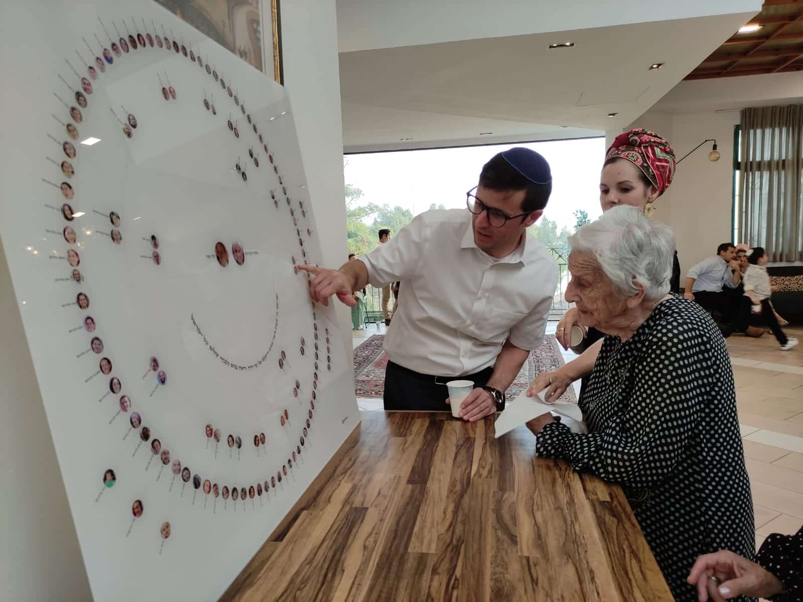 Ester looking at her descendants’ sun chart. A fantastic way to present a family tree at a family reunion