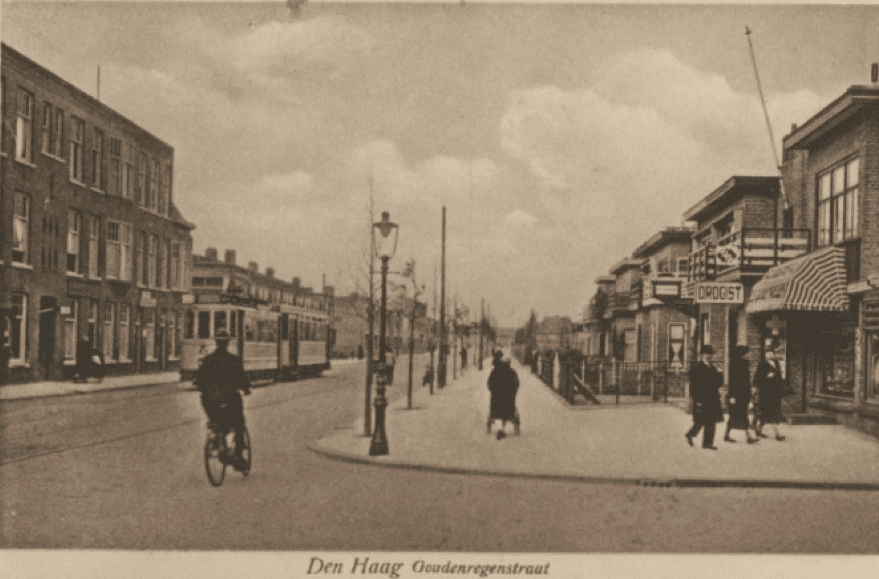 The Goudenregenstraat in The Hague at the time that Veltman's grandmother lived here. Perhaps she regularly visited the pharmacy that appears in the photo (on the right) or rode the tram (on the left).