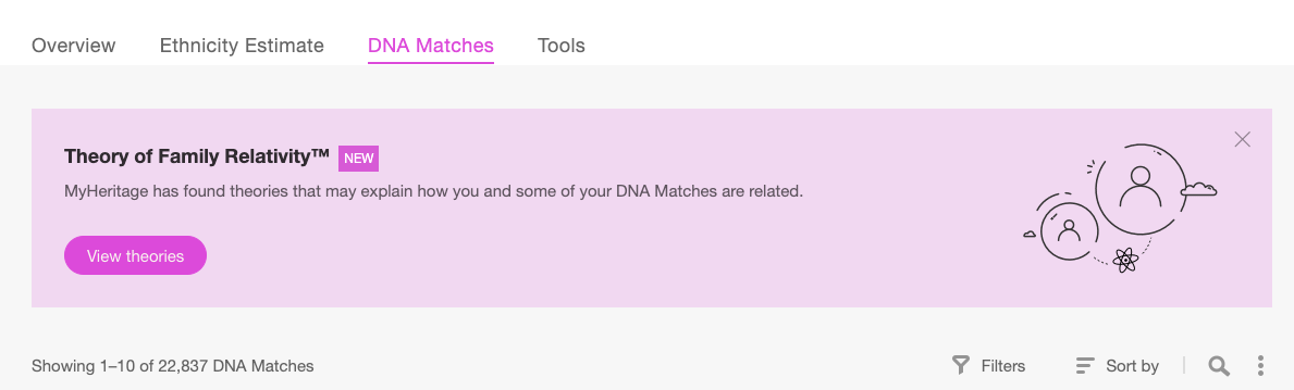 Banner „Theorie der Familienrelativität™“ oben auf der Seite „DNA Matches“.