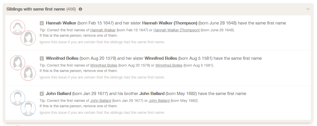sample screenshot of "Siblings with same first name" issue