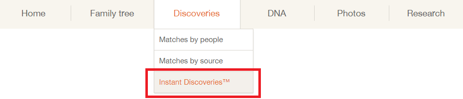 screenshot of MyHeritage "Discoveries" menu with Instant Discoveries™ option highlighted