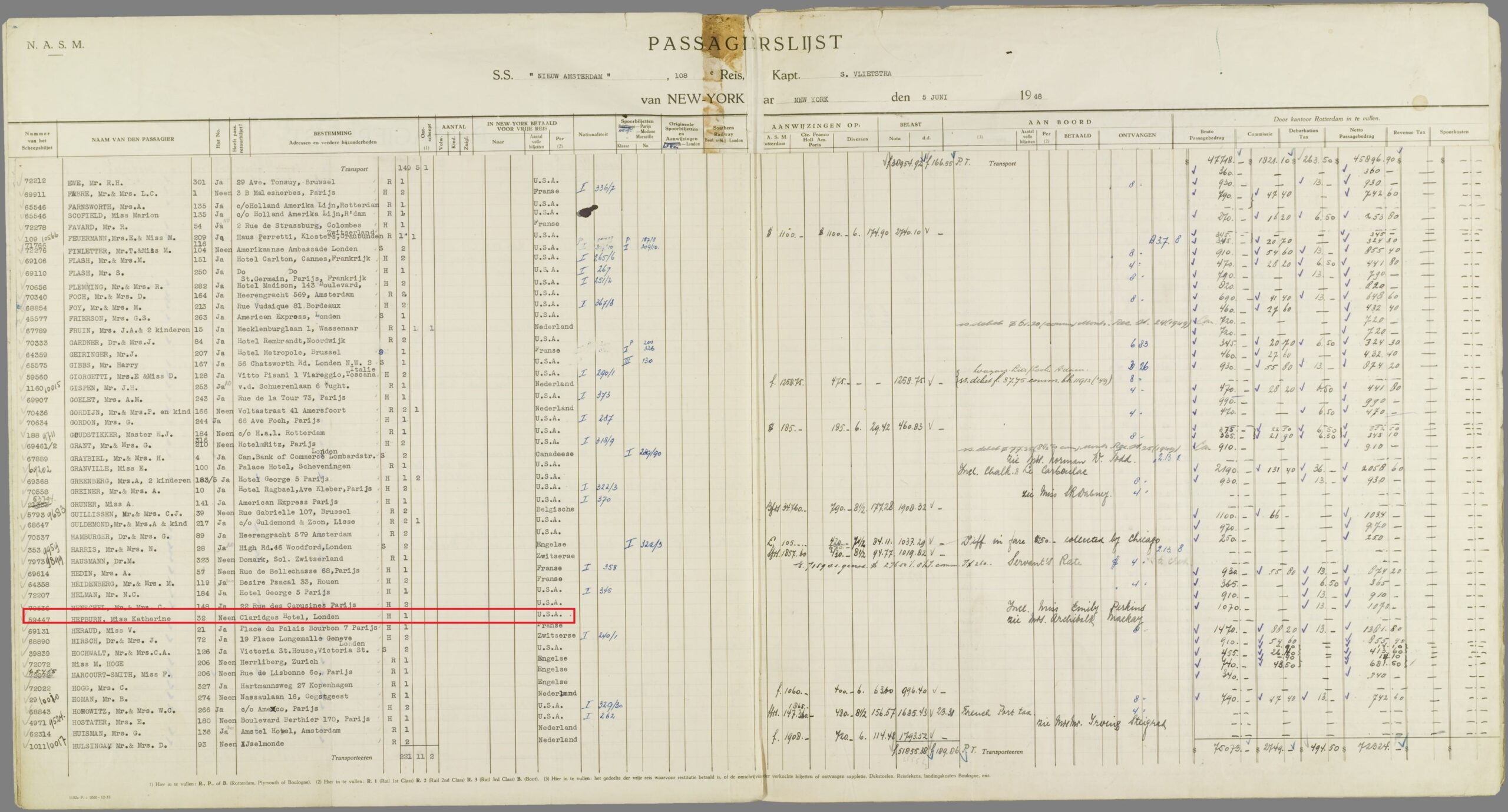 Katharine Hepburn in The Netherlands, Holland-America Line, Passenger Lists collection on MyHeritage