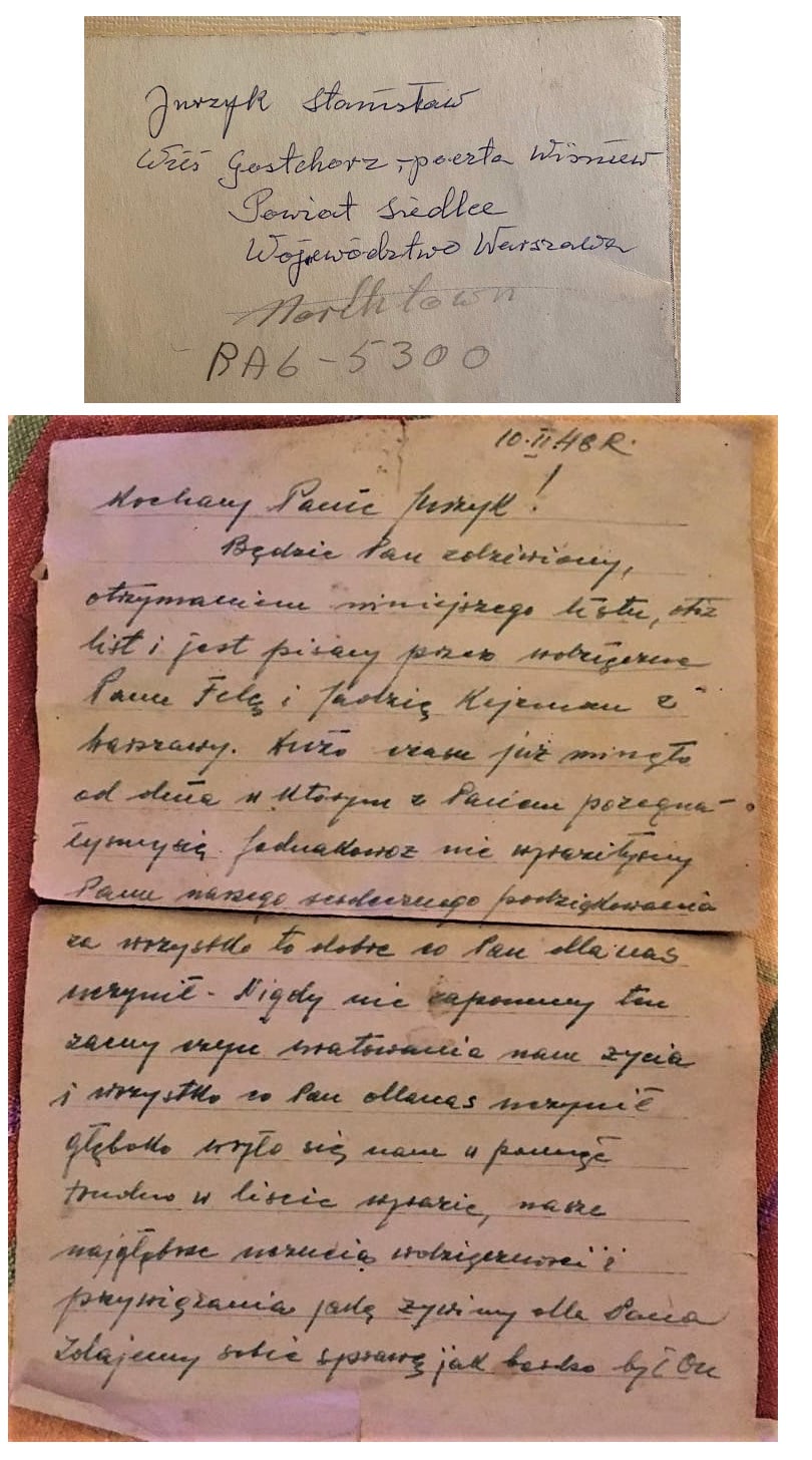 Une des lettres et l’enveloppe adressée en 1948 à Stanislaw Jurzyk par les sœurs qu’il a sauvées