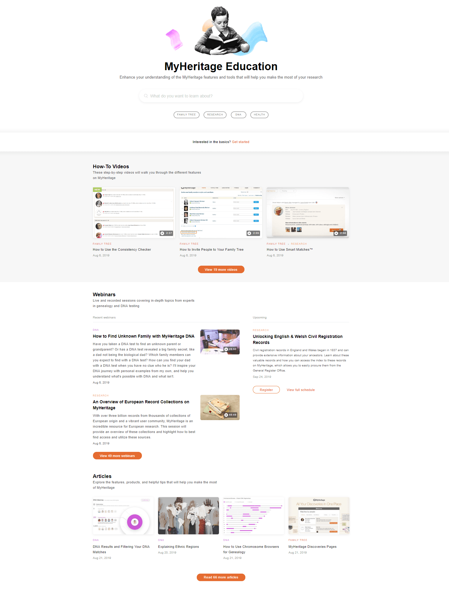 The new MyHeritage Education homepage (click to zoom) 