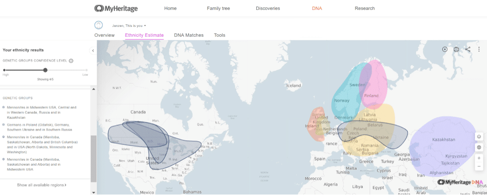 Voorbeeld van een MyHeritage-gebruiker wiens mennonitische herkomst door de nieuwe Genetische Groepen van MyHeritage DNA is onthuld (klik om in te zoomen)