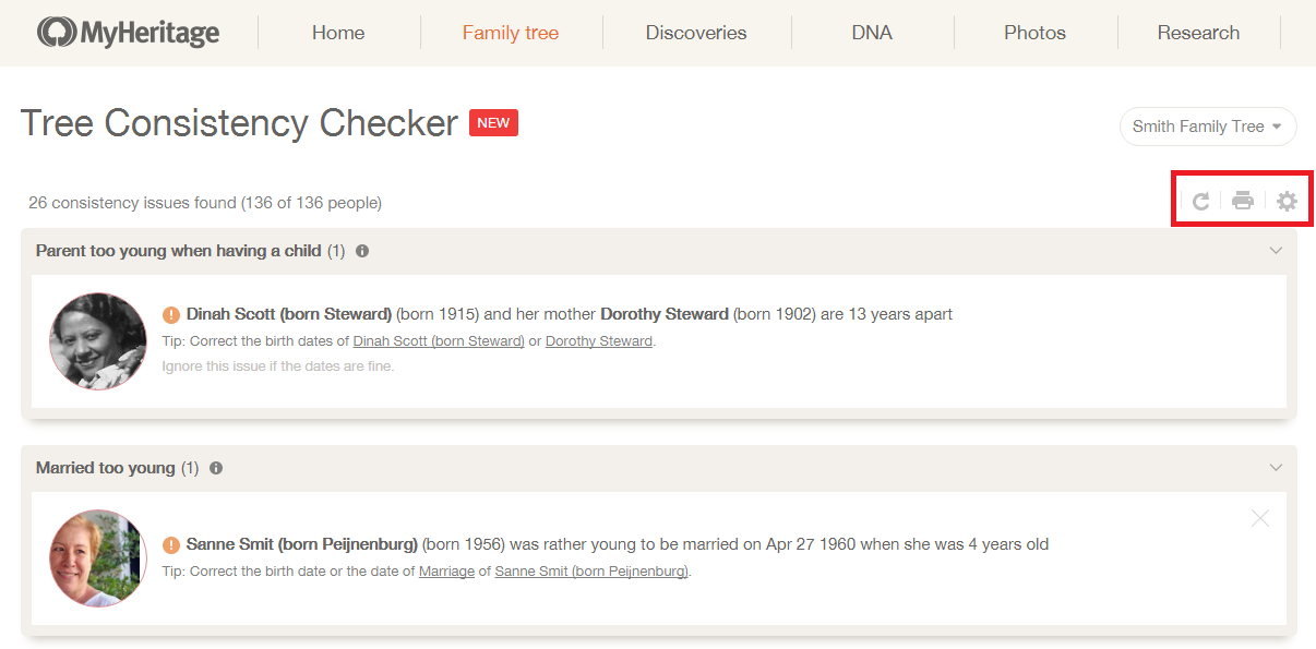 screenshot from Tree Consistency Checker page with refresh, print, and settings options highlighted