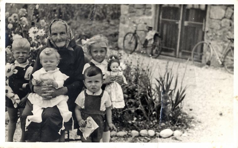 Miha’s mother’s maternal great-aunt Ana Kokelj (aunt of Mary Birdsell in Carona, Kansas), along with his older brothers and sisters (from left) Matjaž, Marička, Andrej and Metka [Credit: Miha Rus]