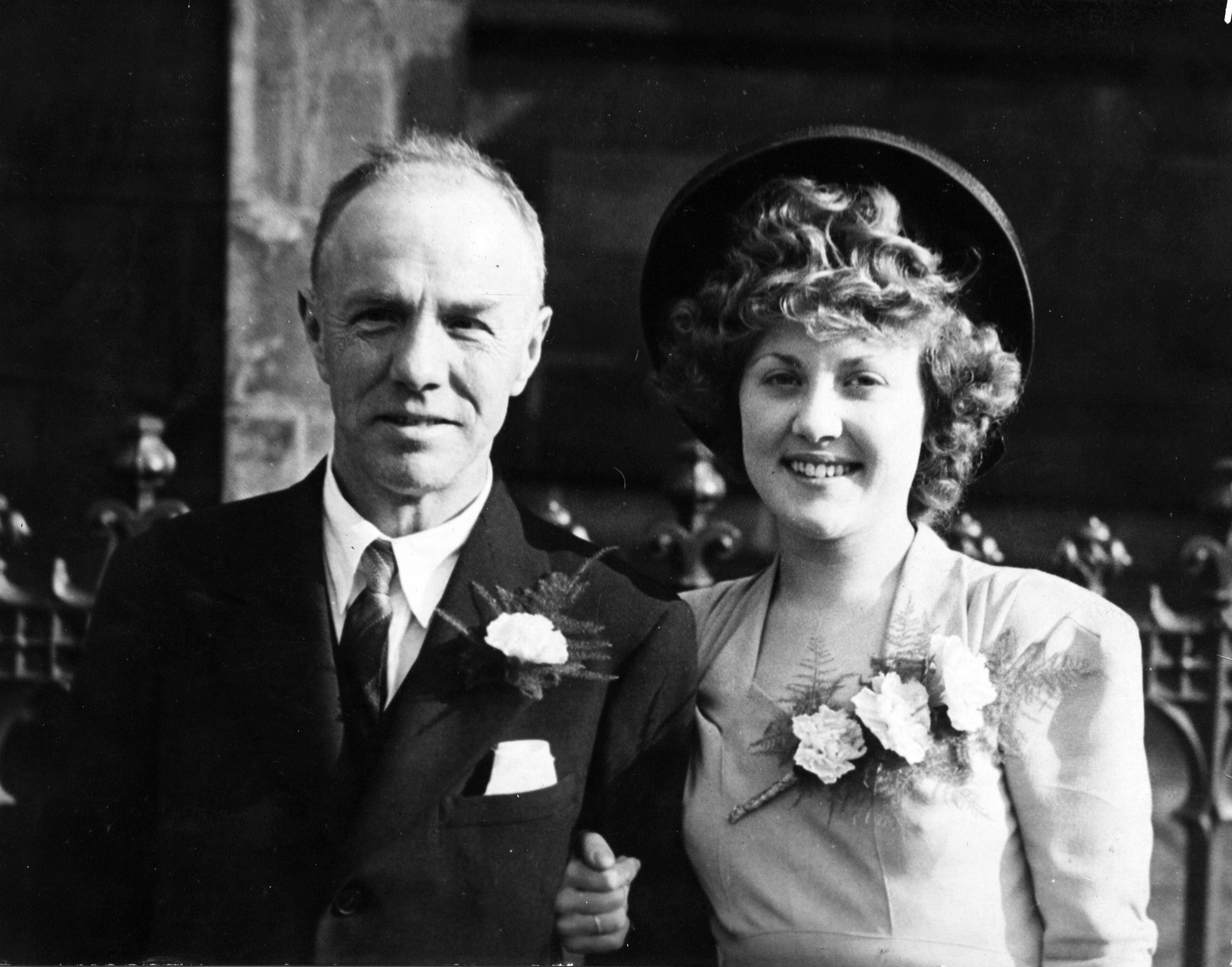 David’s mother on her wedding day in 1946 with her father, William Rowan. Photo colorized and enhanced by MyHeritage