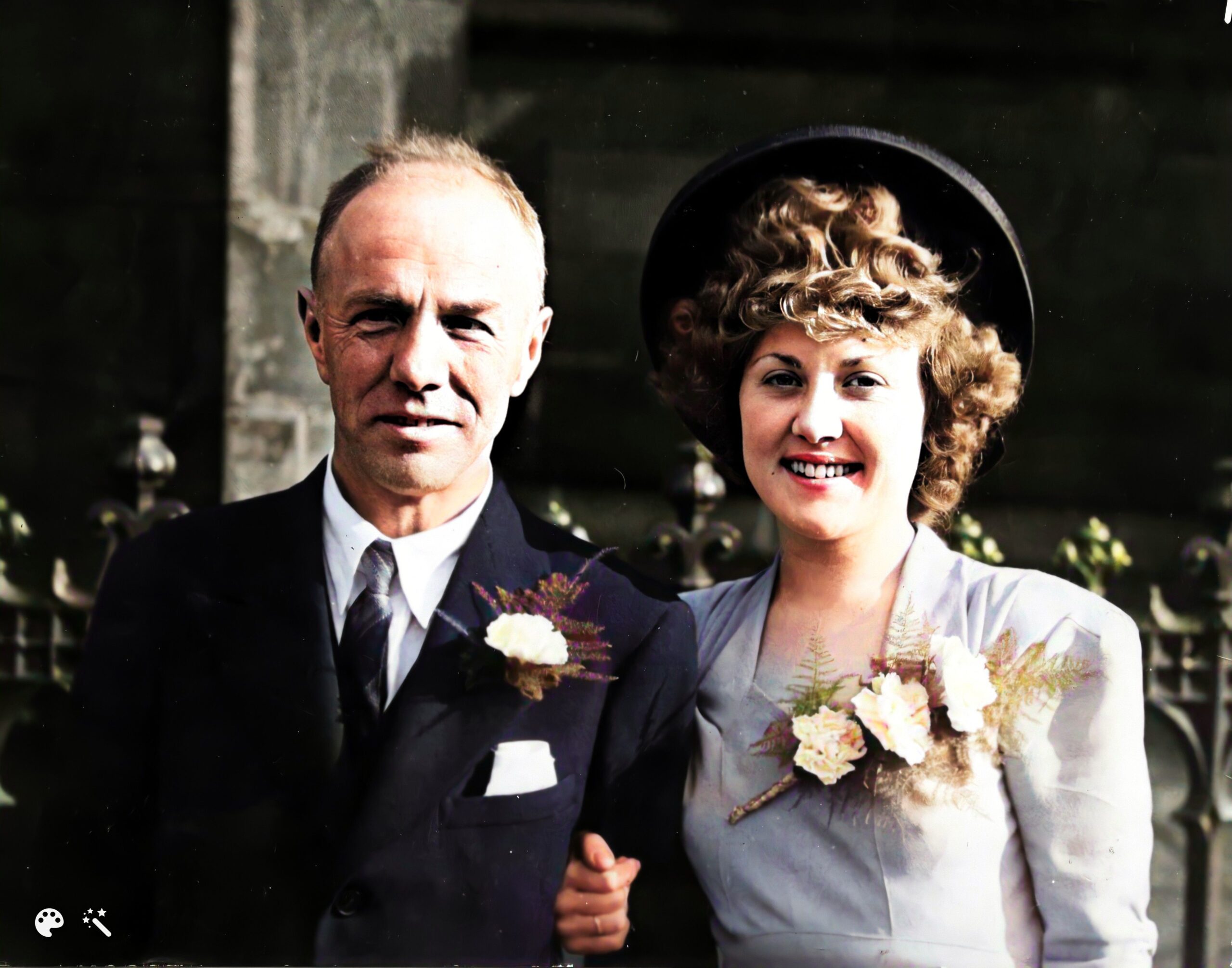 David’s mother on her wedding day in 1946 with her father, William Rowan. Photo colorized and enhanced by MyHeritage