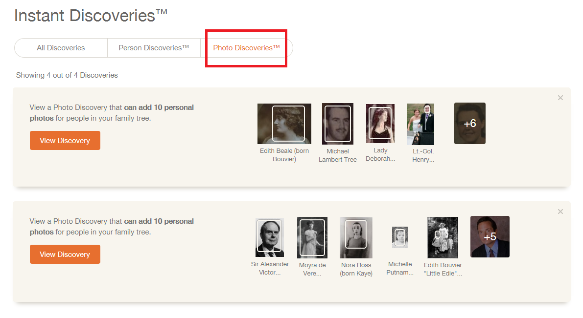 screenshot of Instant Discoveries™ page with "Photo Discoveries™" tab selected